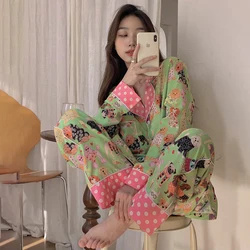 Kawaii Dog Spring Pajamas Set Women Cartoon Print Single Breasted Blouse + Trousers Two Piece Home Suit Green Sleepwear Korean