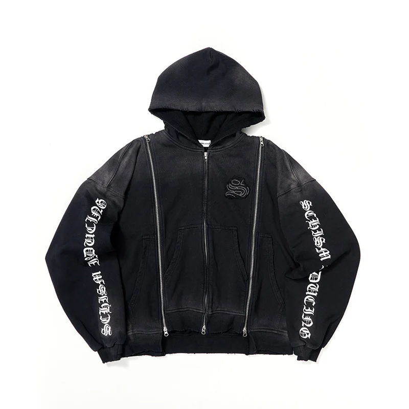 Americano retrò vecchio gradiente cerniera decorativa cardigan con cappuccio personalità vento di strada autunno e inverno moda nuovo maglione