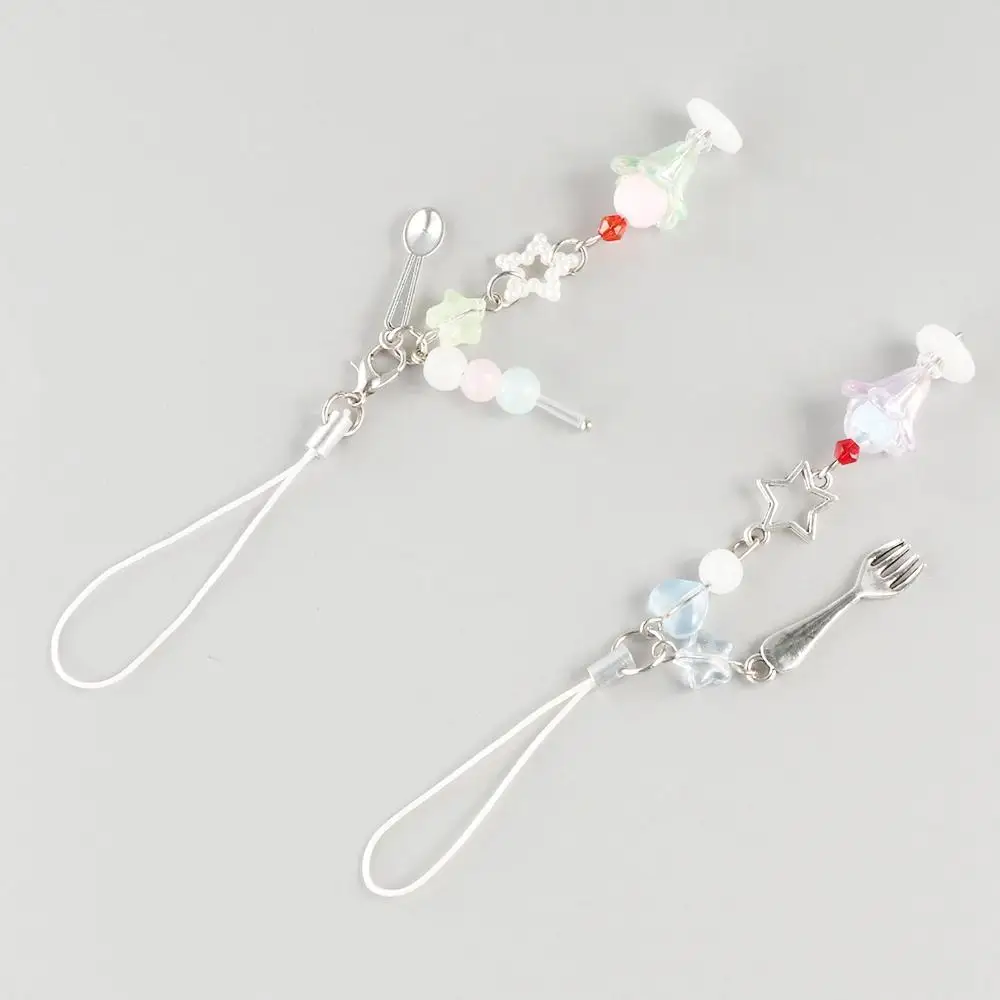 Girlish Ice Cream Mobile Phone Lanyard Folk Spoon Phone Charms Food Phone Chain Pendant Beaded Phone Strap Earphone Ornament