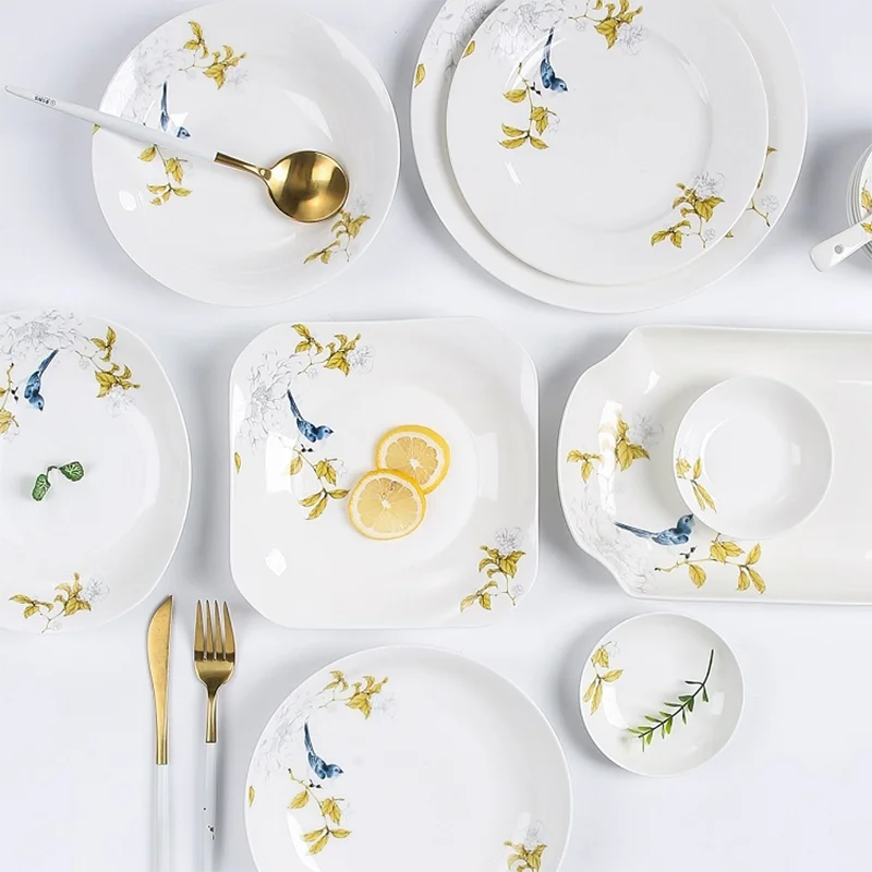 

Chinese Vintage Dinner Plate Fashion Set Ceramic Floral Dinnerware Sets Bone China Luxury Vajilla Completa Kitchen Tableware