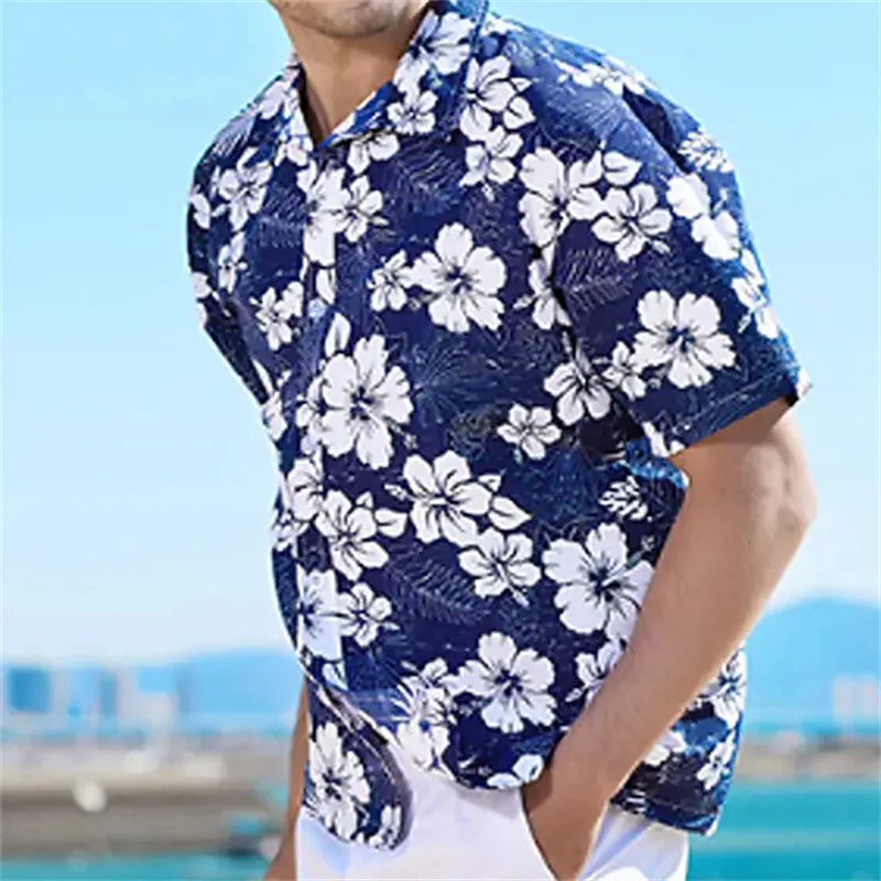 2023 loose breathable 3D printing men\'s shirt Hawaiian shirt button summer shirt beach blue/white short sleeve oversized 5XL