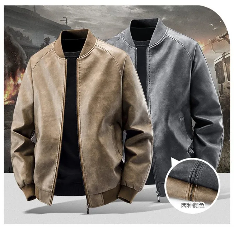 

New Men Baseball Leather Jacket Genuine Leather Coat Leather Spring Autumn Casual Middle-aged Young People Stand-up Collar Loose