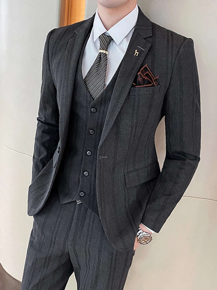 ( Jacket + Vest + Pants ) High-end Brand Boutique Fashion Striped Men\'s Formal Business Suit Three-piece Set Groom Wedding Dress