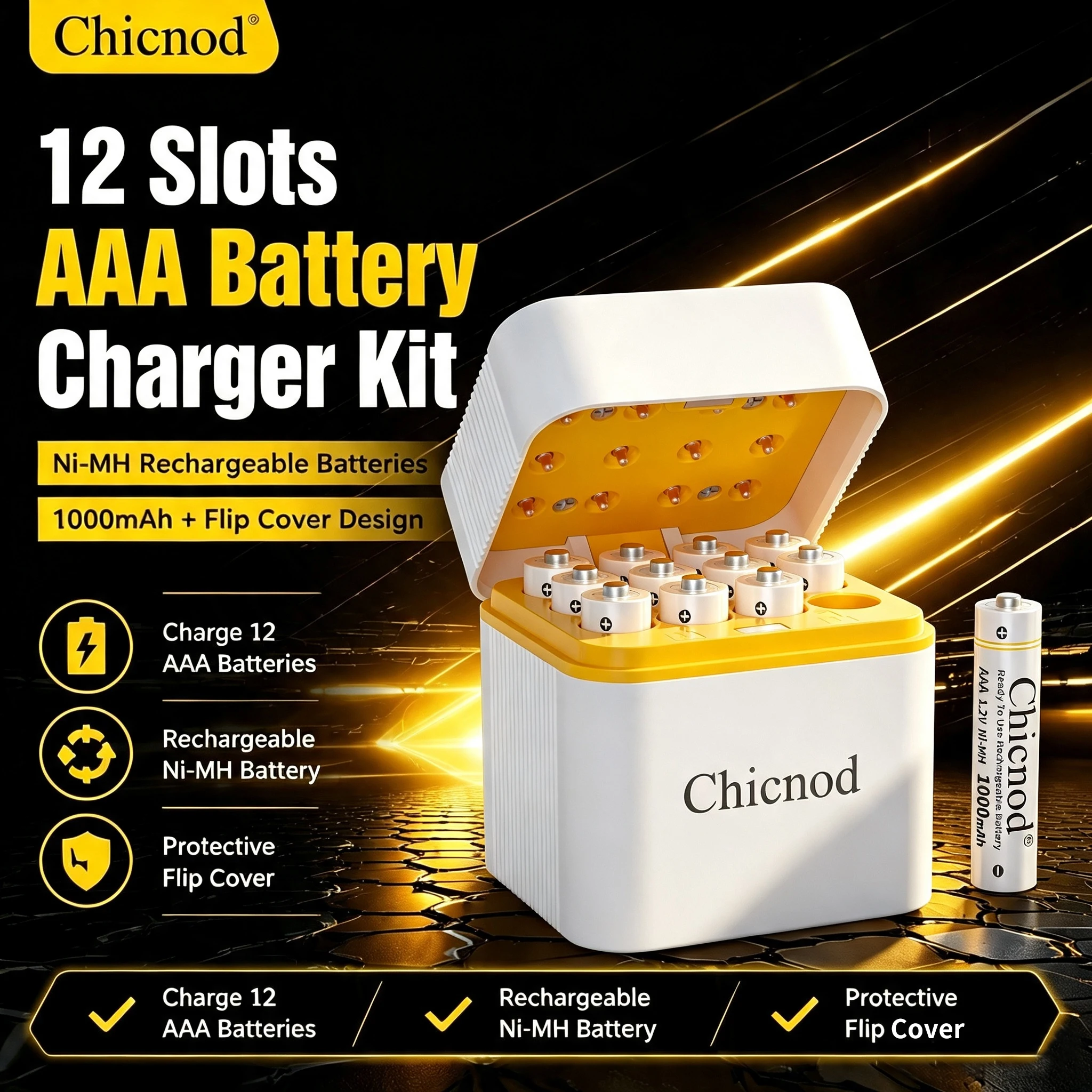 Chicnod PJ-N1230 AAA Rechargeable Battery 1000mAh Ni-MH Battery Set with 12 Slot Smart Charger Flip Cover Charging Kit
