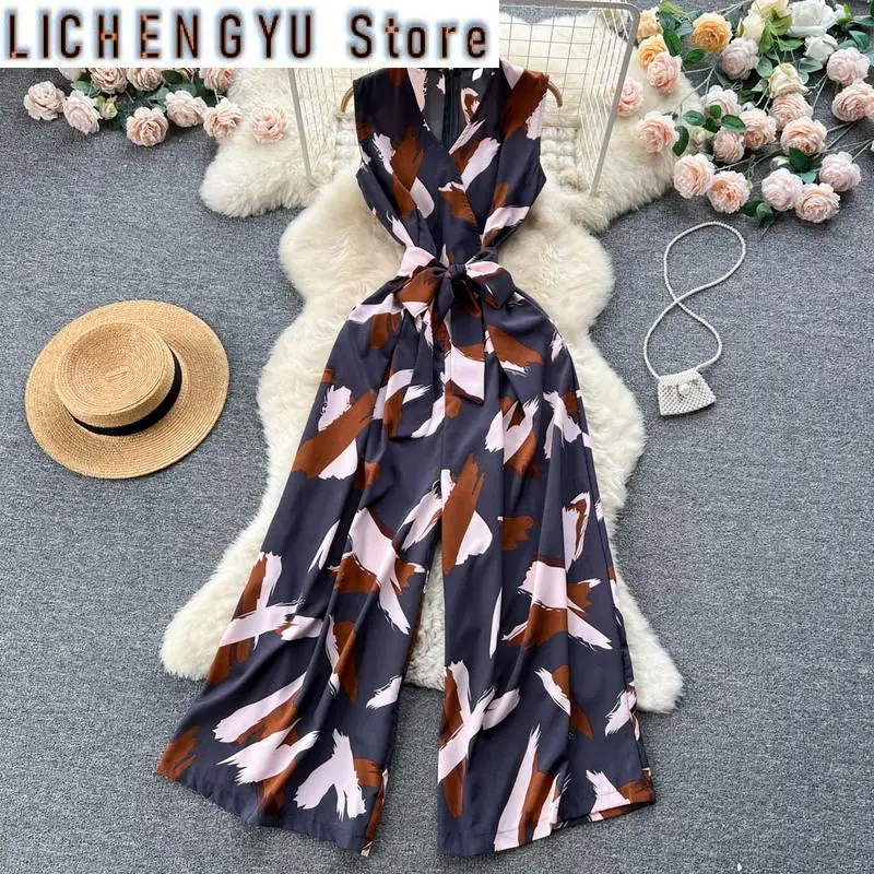 New Elegant Style Chic Jumpsuit Women V-neck High Waist Contrast Color Print Wide Leg Jumpsuits Winter Spring