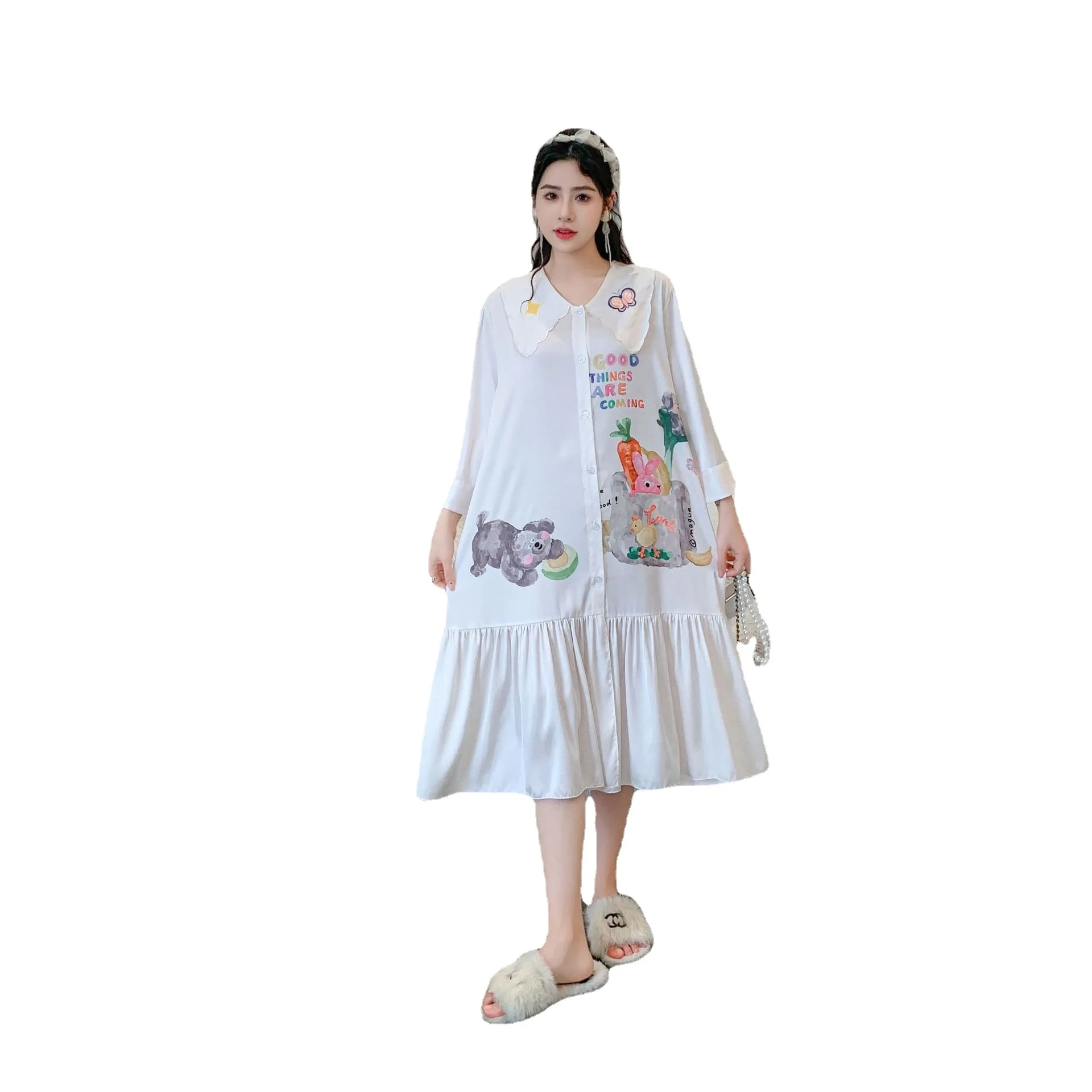 Sweet Women Nightgown Sleepshirt Gown 2023 New Nightdress Silky Satin Sleepwear Summer Casual Rayon Home Dress Loungewear image 5