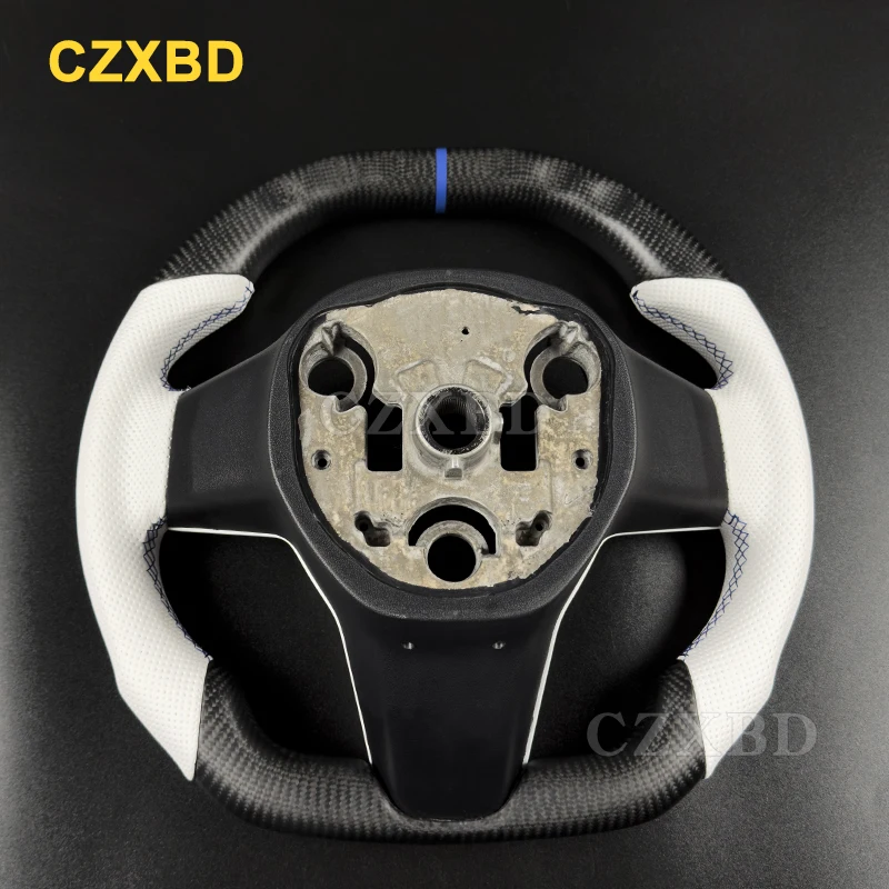 Flat Shape Blue Marker Steering Wheel For Tesla Model Y 2022-2024 Real Matte Carbon Fiber Sport Wheel High Quality Customized