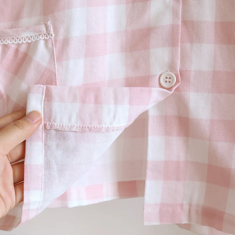 2024 Summer New Women's Pajamas Short Sleeve+Capris Two Piece Set of 100% Cotton Women's Round Neck Plaid Simple Homewear Set