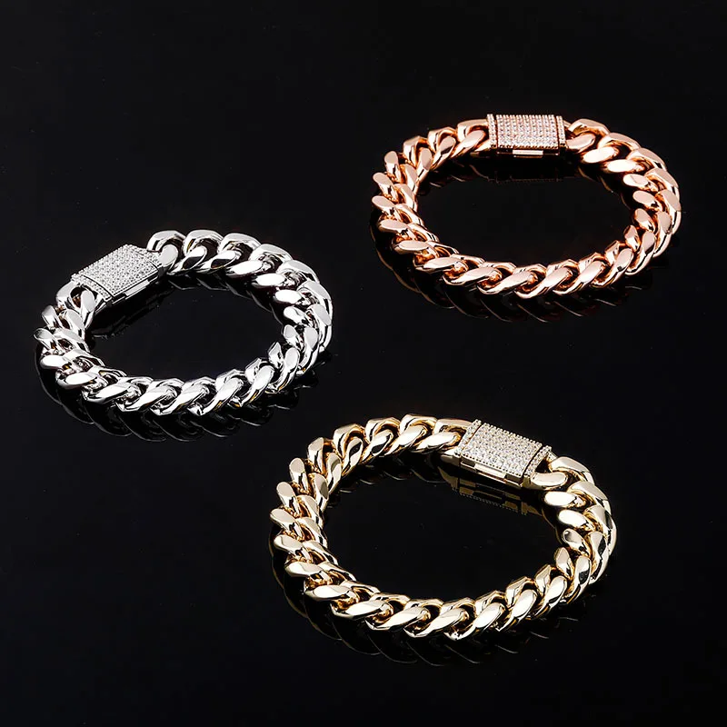 

Europe and America ins New Box Jewelry Clasp Cuban Bracelet with Zirconia Inlay, Real Gold Plated Hip-Hop Men's Bracelet