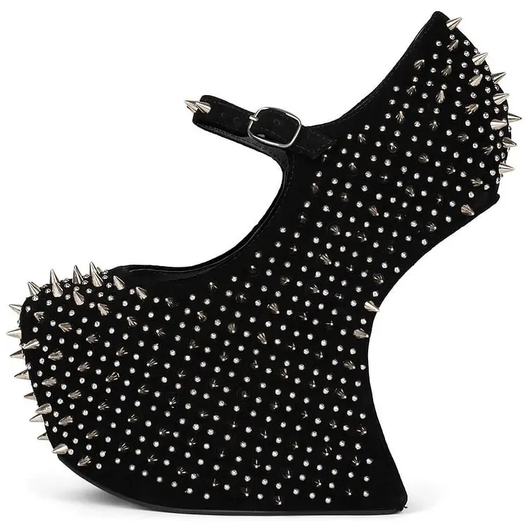 Black Square Toe Wedge Studded Mary Jane Platform Shoes Strange Hollow Heels Stage Performance Pumps Summer Fashion Punk Cool