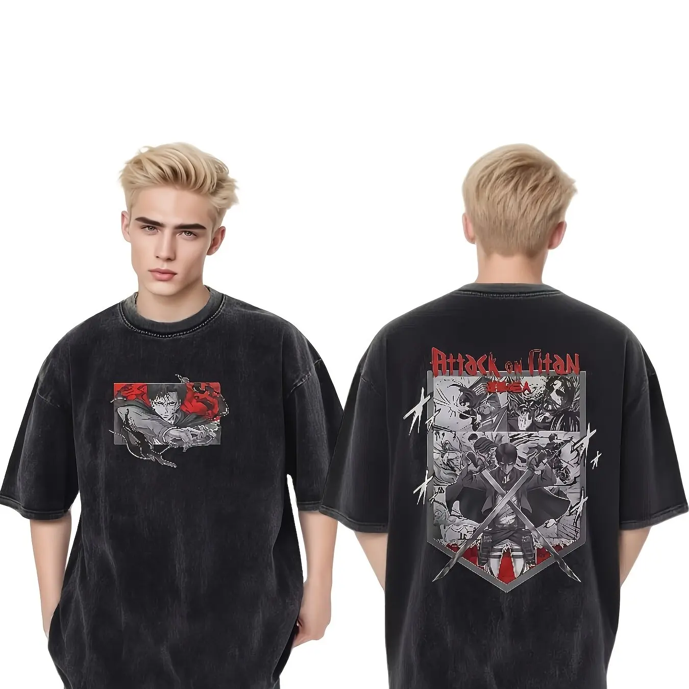 

Men's Attack on Titan Eren Jaeger Graphic T-Shirt Vintage Washed Anime Manga Print, Oversized Relaxed Fit Cotton Tee