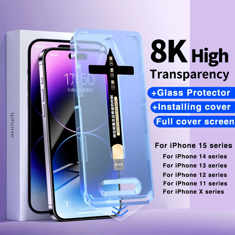 8K Full Cover Glass Screen Protector For iphone 15 14 13 12 11 Pro Max 15 14 Plus XR XS MAX Tempered Glass deliver Mount Aids