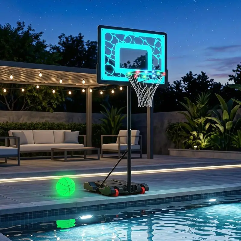 Panier de basket portable pour piscine avec base remplissable et roues. Hauteur réglable sur huit niveaux entre 115 et 144 cm. Tableau et balle lumineux avec lumières étanches. La base remplie d'eau ou de sable garantit la stabilité, facile à déplacer pour le jardin.