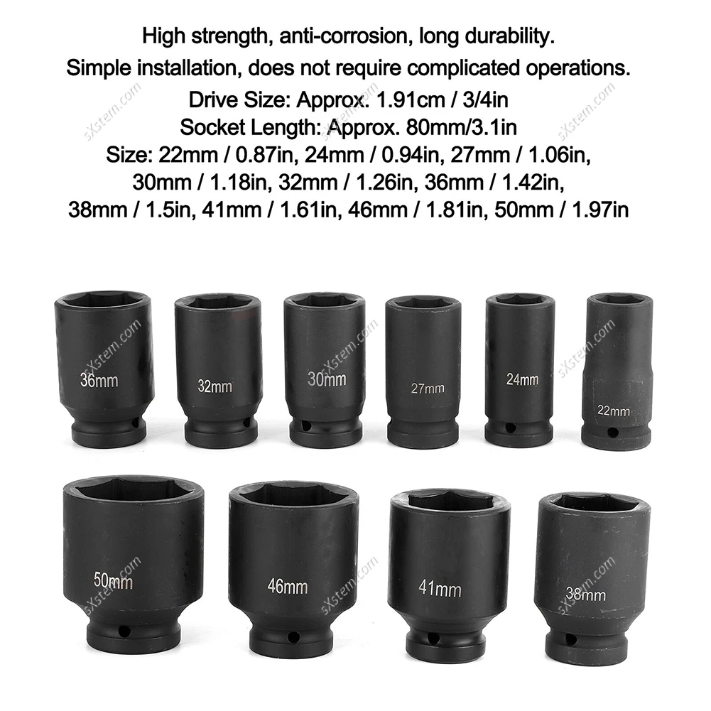 10pcs 3/4 Inch Drive 6-point Metric Deep Impact Socket Set Auto Pneumatic Sockets Repair Tools 33mm 32mm 30mm 27mm 24mm 22mm etc