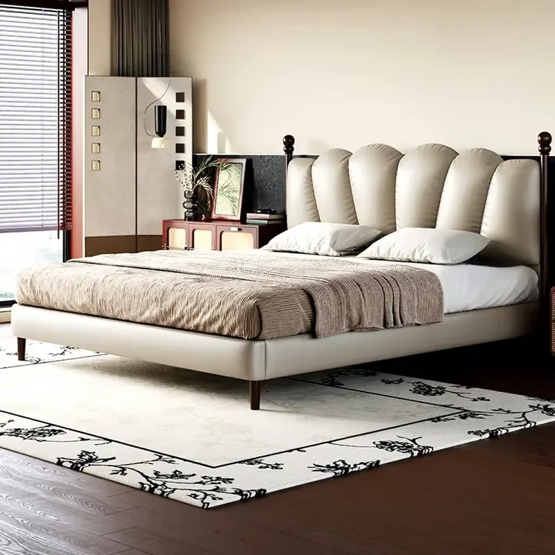 Queen Size Leather Sofa Bed Modern Smart Furniture Genuine Leather Soft Cushion Double Bed Base Wedding Home Living Room