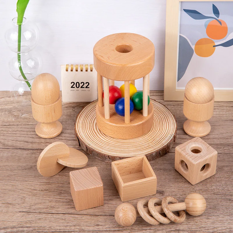 Baby soothing, grasping, shaking hands, shaking wooden bells, baby molars, interactive beech puzzle toys, early education shapes