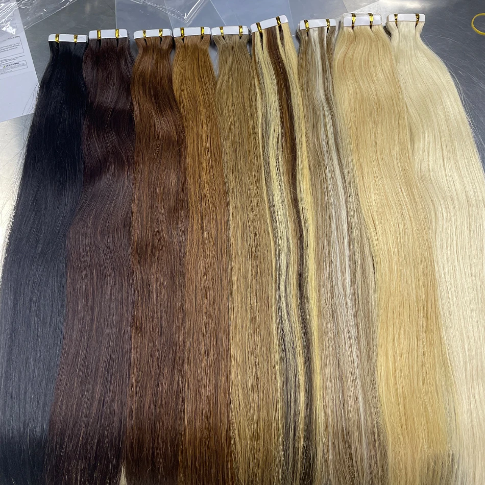 ストレートテープ式人毛キューティクルアラインメントヘアエクステンション、シームレステープ、ナチュラルで目に見えない接着テープ、女性用