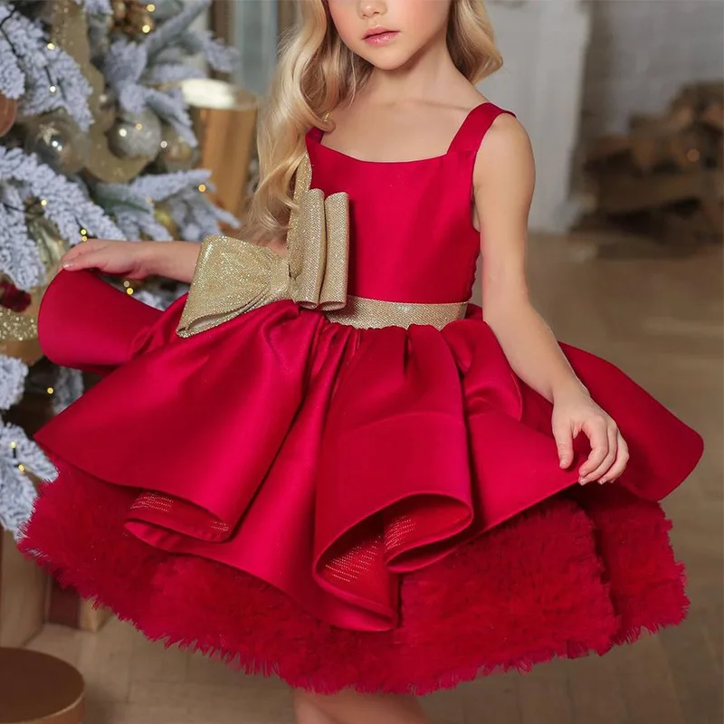 Classic Gold Bow Belt Kids Christmas Dress Red Green Sleeveless Short Ball Gown Flower Girl Birthday Wedding Dresses Customized