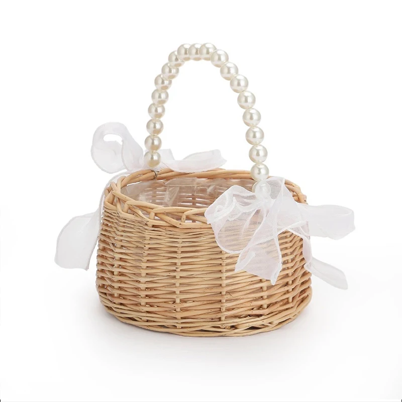 

Woven Bridal Weddings Flower Basket Handmade Rattan Storage Basket Pearl Handle Bow Ribbon Easter Wicker Basket Home Picnic New