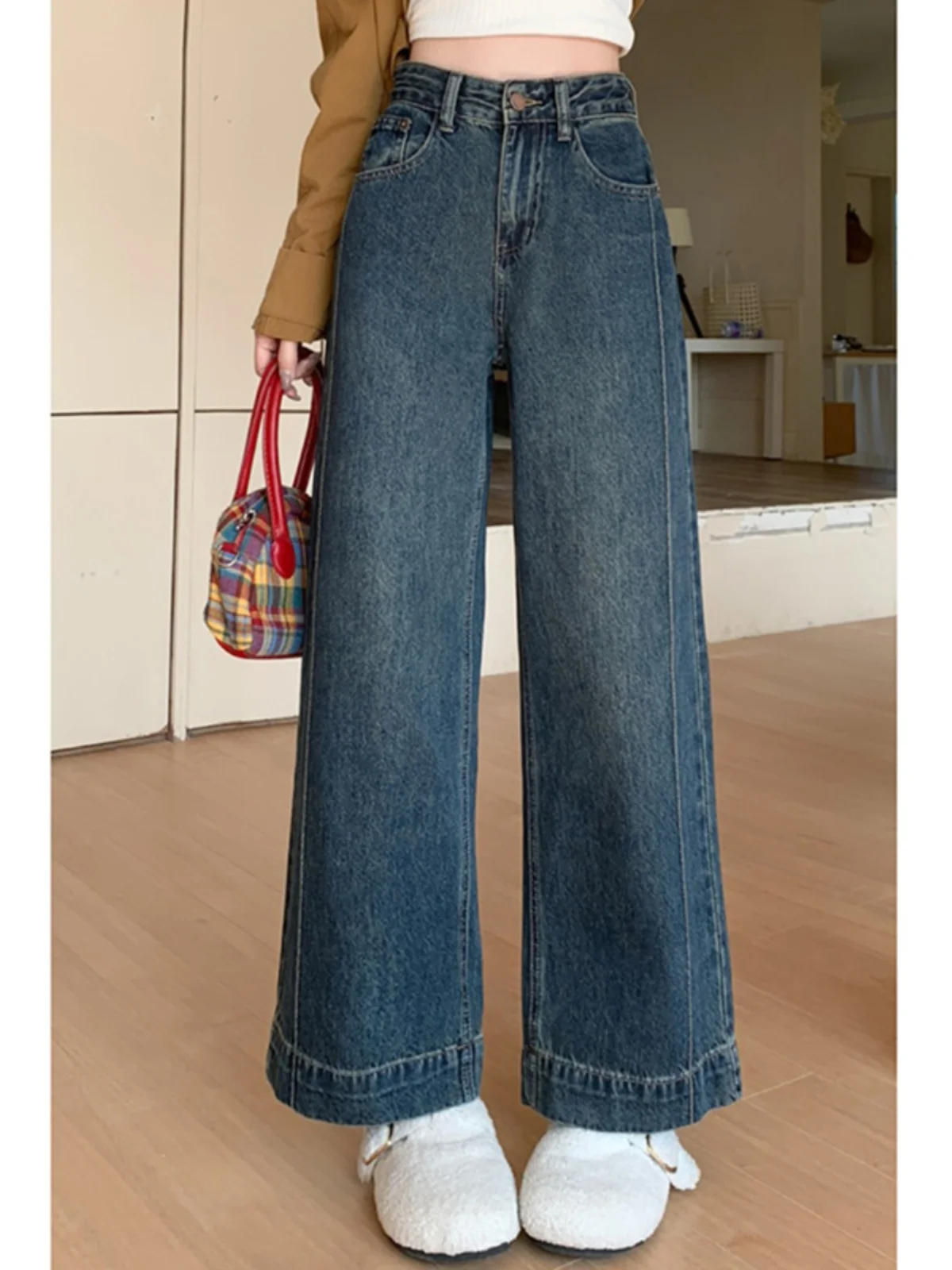 

Retro Blue Wide Leg Jeans Women's Early Spring New plus Size Slimming Nine Point Pants High Waist Loose Fit All Seasons