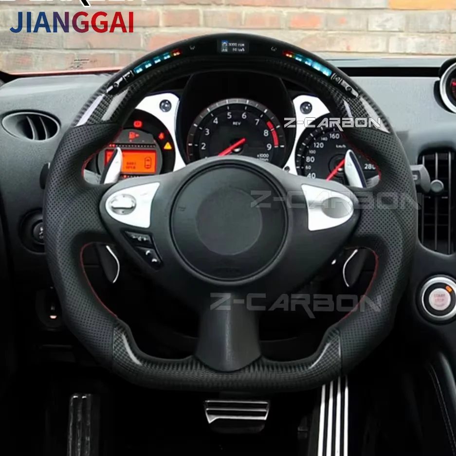 

LED Carbon Fiber Steering Wheel For Nissan 370z 2009‑2020 LED Car Steering Wheel Perforated Leather Flat Bottom Red Center Line