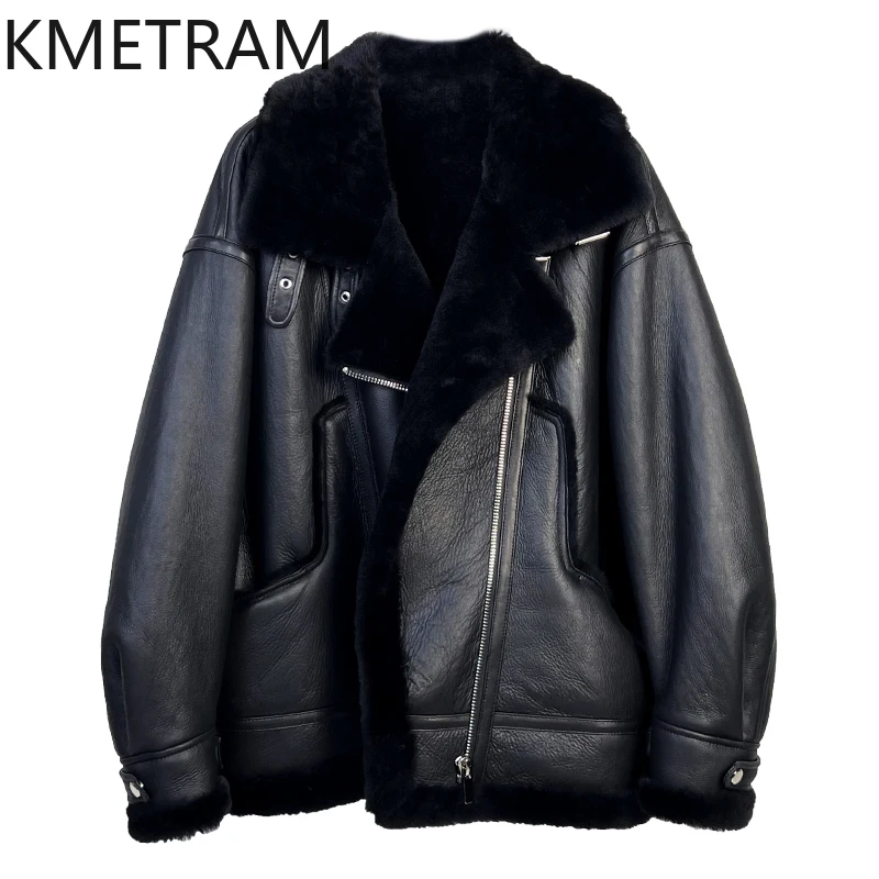 Damska kurtka motocyklowa z prawdziwego futra, dwustronna, z naturalnej wełny owczej merino, czarna, zimowa odzież damska 2025