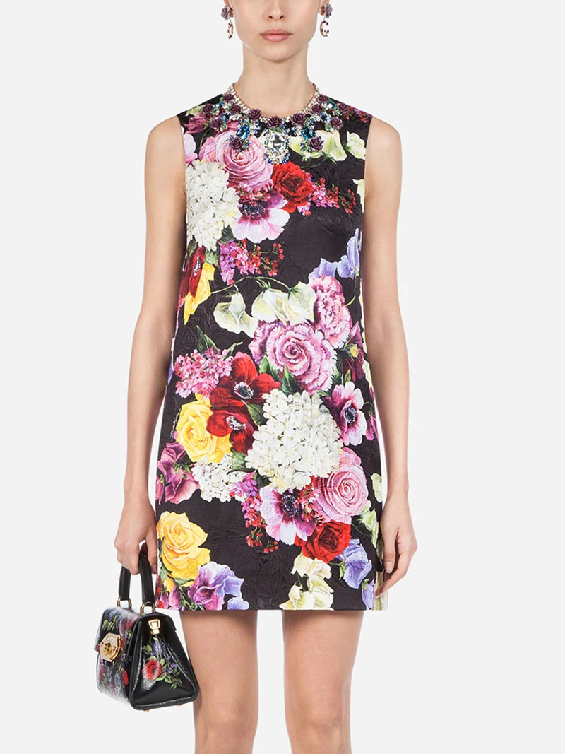 高級感のある女性用フラワー柄シースドレス、ラウンドネックノースリーブジャカードドレス