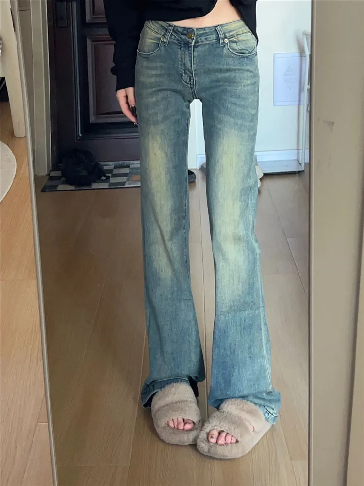 

American Retro Low Waist Bell Bottom Denim Jeans Women's Spring Autumn Washed Long Floor Length Pants High Waist plus Size