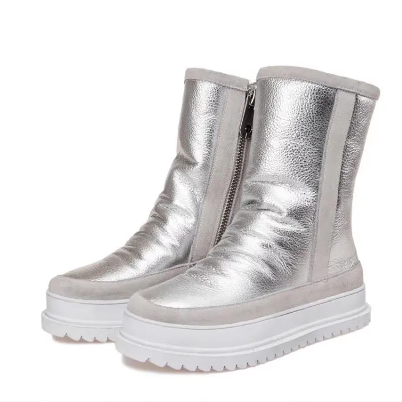 الفضة جلد البقر الفراء قطعة واحدة أحذية الثلوج الدافئة الصوف الفراء كعكة منصة سميكة وحيد جولة تو المرأة أزياء الشتاء الجوارب