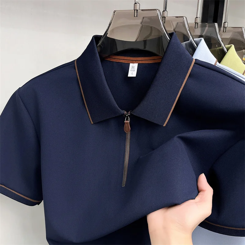 High end half zipper short sleeve polo shirt fashion men's new light luxury breathable comfort summer business casual T-shirt