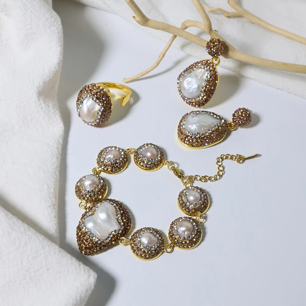 Natural Baroque Shaped Pearl Women 18K Gold Plated Jewelry Necklace Bracelet Earring Ring Fashion Designer Jewelry Sets
