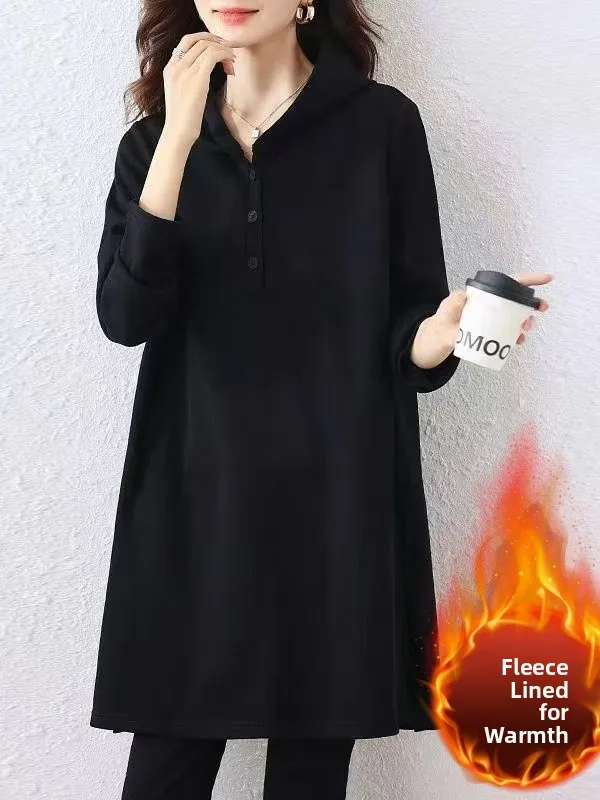 

Sli Value for Money plus Size Hoodie Mid-Length Casual Wear Polyester Fiber Button Detail Regular Sve Long Hoodie