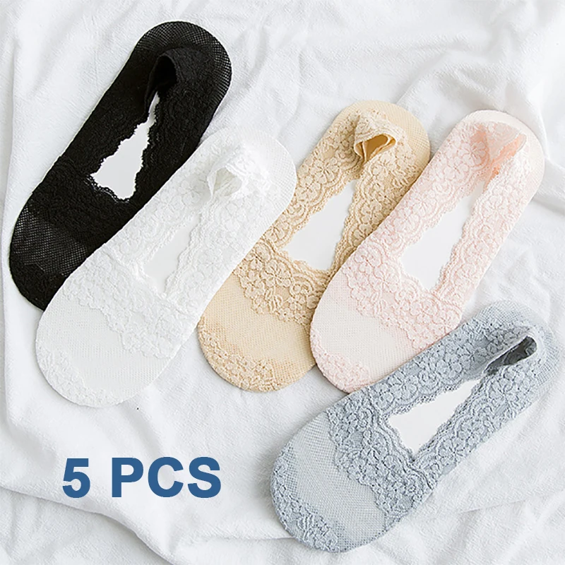 

5 Pairs Women's No Show Lace Socks Ultra Thin Breathable Invisible Boat Socks with Non-Slip Heel Grip, for Summer Flats Heels