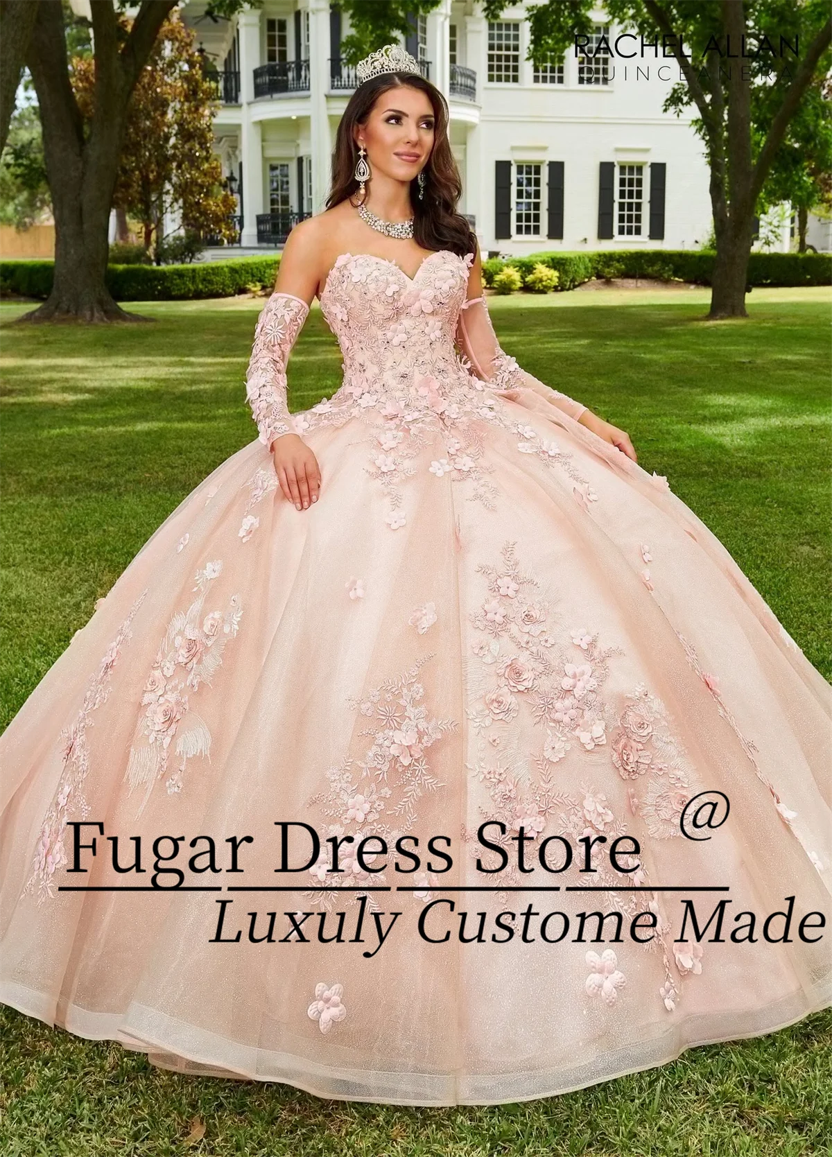 Blush Pink Quinceanera Dresses 3D flower decal long Sequin embroidery sweetheart skirt Detachable sleeves vestidos para niñas