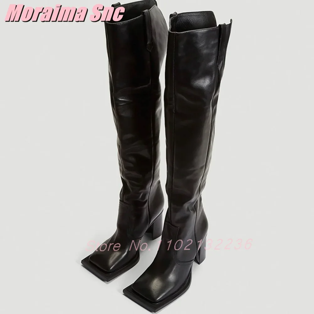 

Unique Square Toe Thigh High Boots Block Chunky Heel Slip On Sexy Fashion Women Over-the-Knee Boots Black Solid 2025 New Spring