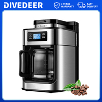 DIVEDEER 1000W Coffee Maker Machine Home Automatic LED-display Bean Grinder Fresh Grinding American Espresso Coffee Tea Milk