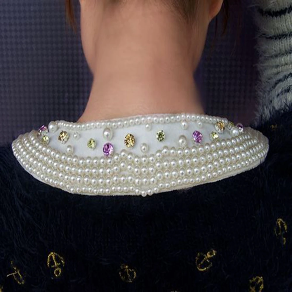 Korean Style Decorative Fake Collar Shawl Wrap Pearl Crystal Gemstone Yarn Weaving Lace Necklace Vintage Short Poncho Capele