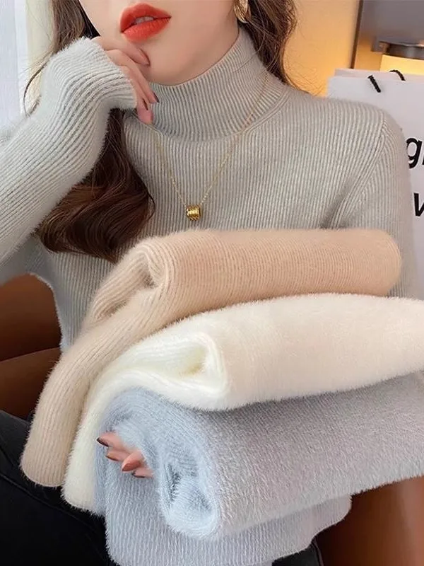 

Женский вязаный базовый слой, осенне-зимний тонкий свитер с высоким воротником, бархатный норковый свитер, модная внутренняя одежда