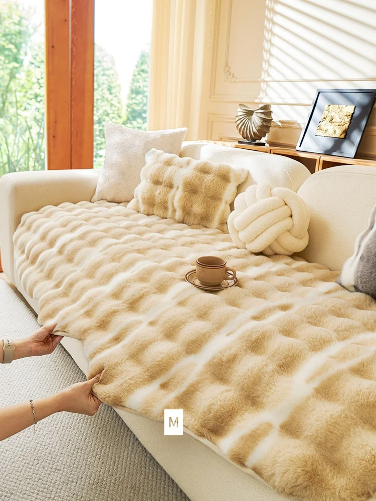Autumn Winter Plu Sofa Cuion Asymmetrical Dyed Rabbit Fur Sofa Cover hine Waable Non-Slip adient Tee-er Sofa...