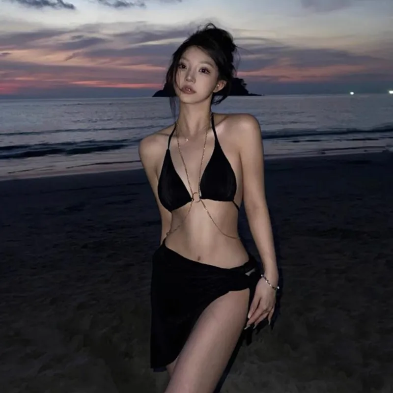 

Bla Chain Bikini Women's Swimsuit Tee-piece Set for Hot Spring Vaion Sexy Top Chest Gathered Skirt Sle with Padded