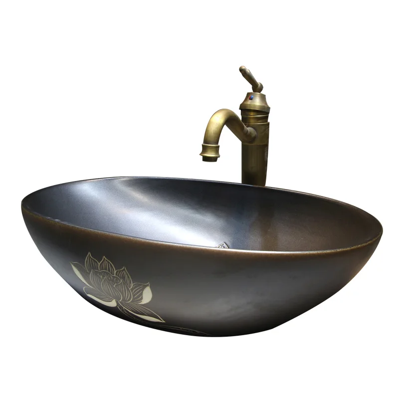 

Ceramic black Zen lotus table top basin oval retro Nordic washbasin new Chinese style home