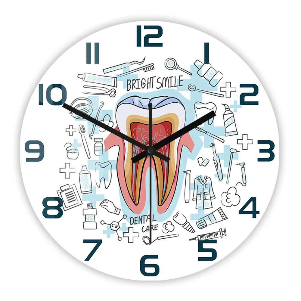Dental Care Acrylic Wall Clock Bright Smile Dentistry Tooth Doctor's Office Dental Clinic Modern Decorative Silent Wall Watch