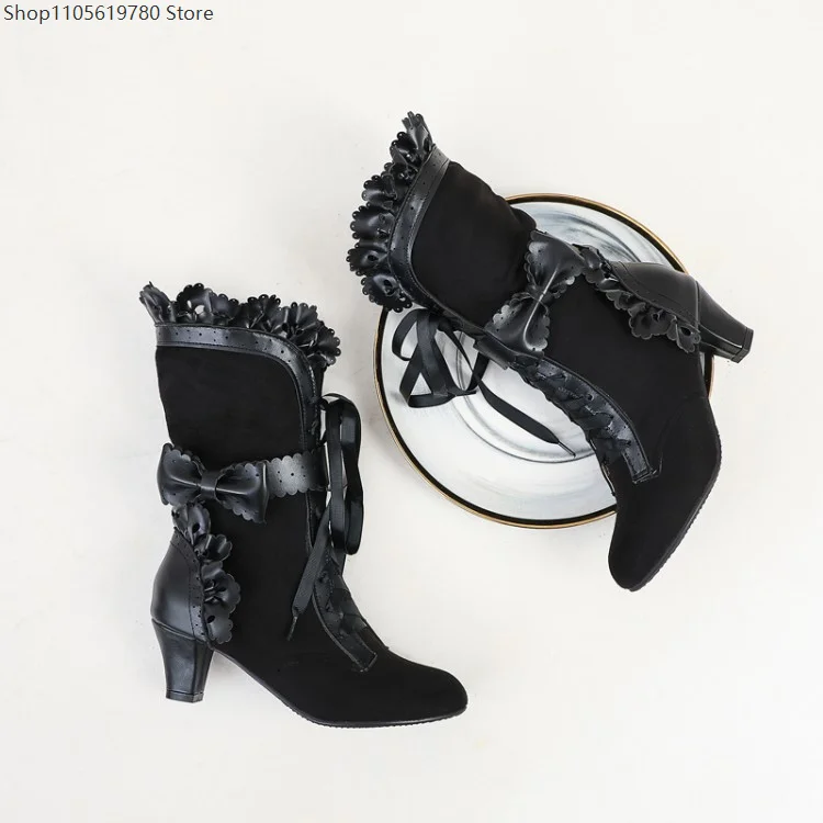 Women Ribbon Ankle Knight Boots Ruffle Bow Design Plus Size Autumn Fashion Footwear Ideal For Overseas Cosplay Carnival Wear 5