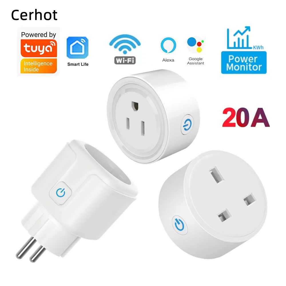 20A Tuya Smart Socket WiFi UK/EU/US Plug Adapter Home Alexa Voice Control With Energy Monitering Timer Function Power Outlet Set