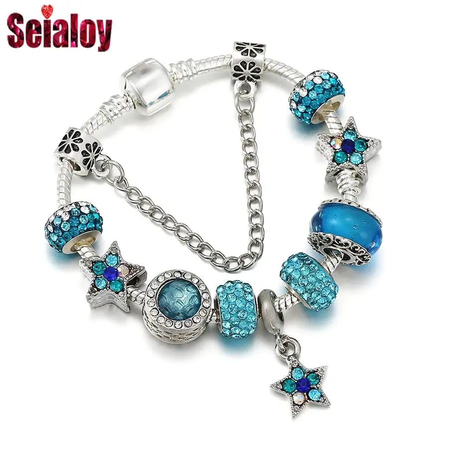 Seialoy New Blue Rhinestones Star Pendant Ocean Glass Beads Charm Bracelets For Women Men Silver Color Bracelet Jewelry Gifts