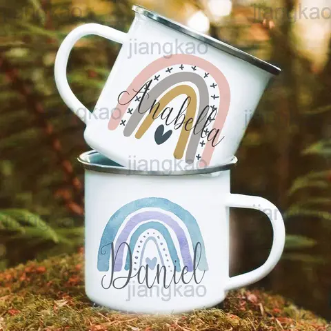Personalized Mug rainbow with Name Camper Mugs Camping Enamel cup Campfire Party Beer Handle Cups best birthday Gifts for Camper