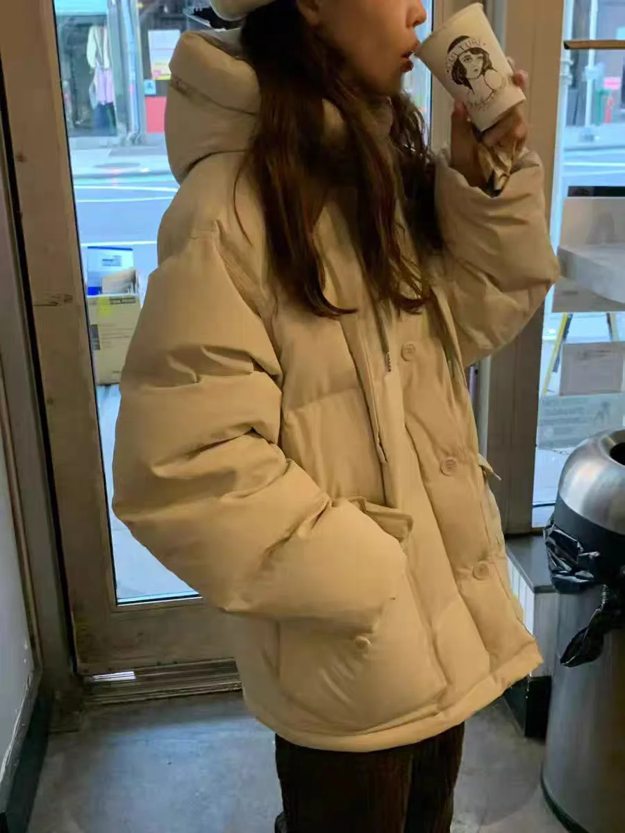 East Gate Pure Color Hooded Bread Sle down Jaet Women's Loose Workwear kets Warmth ort Outerwear Faionable Coat