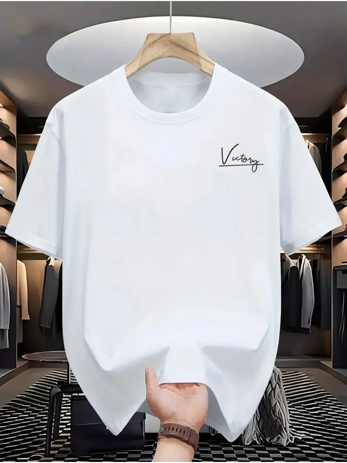 Men's summer 100% pure cotton fashionable casual sports loose Victory Letters printed round neck short sleeved T-shirt top image 4