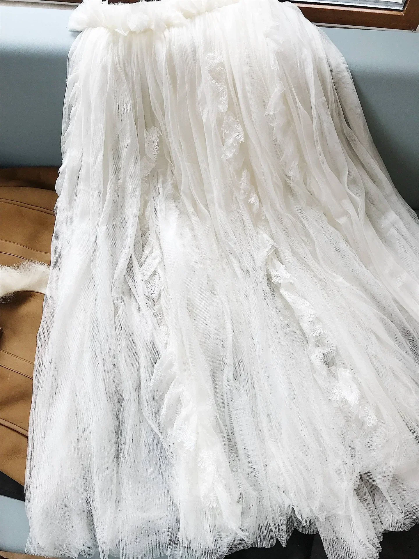 New White layered  show Style Lace Chiffon  mesh skirt long