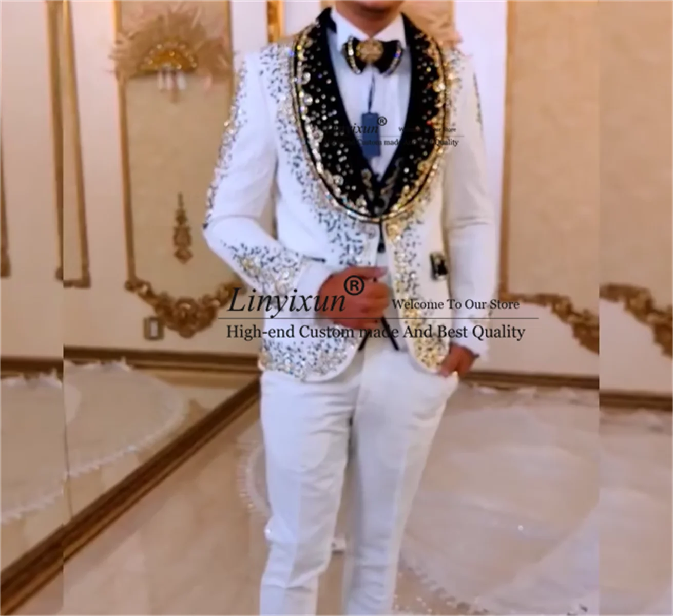 Designer style Luxury Men‘s Shawl Lapel Diamonds Embellished Suits Groom Wedding Tuxedos 3 Pieces Male Prom Blazers traje hombre
